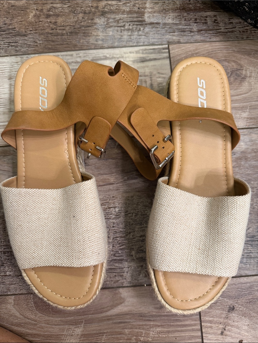 Soda Two-Tone Tan and Cream Slide Sandals